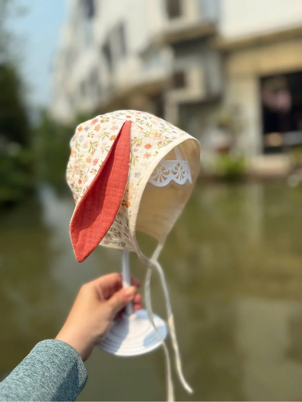 Kids Floral Bunny Ear Sun Hat - Cream and Coral